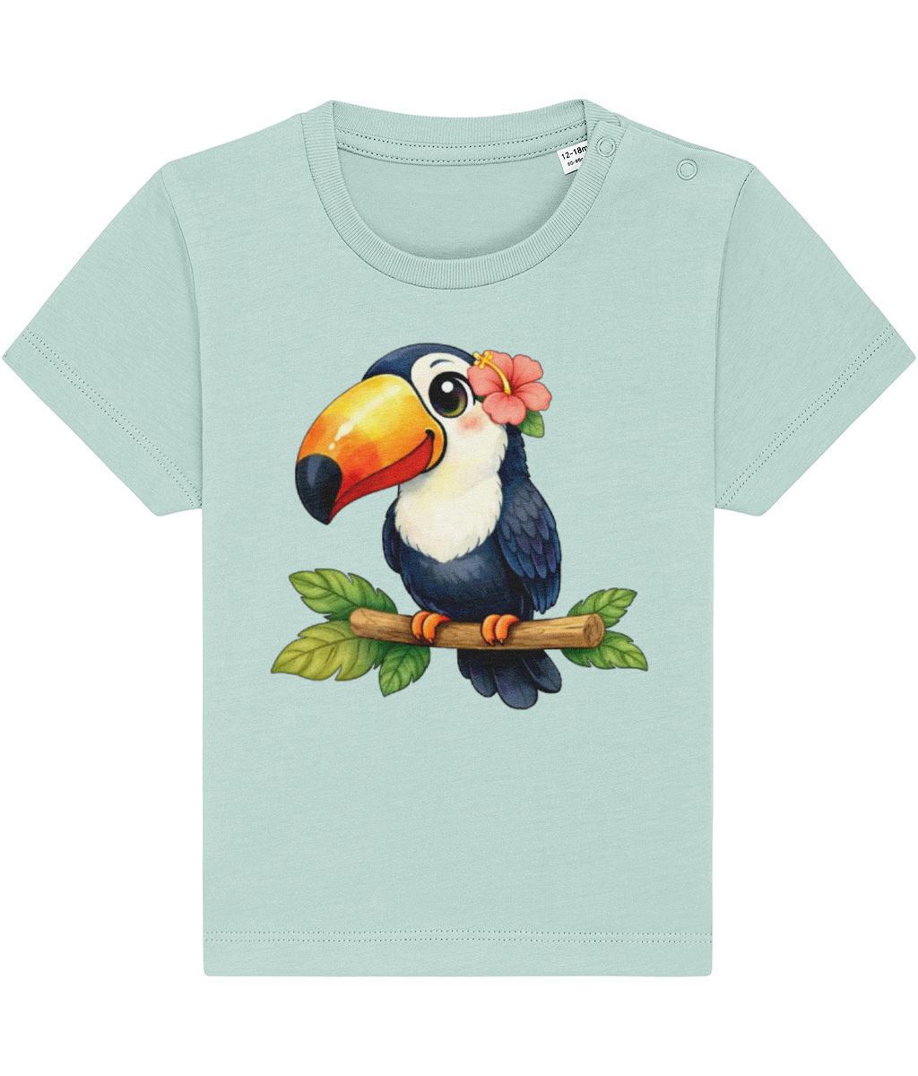 pale blue baby t-shirt, cheerful toucan image, tropical flower