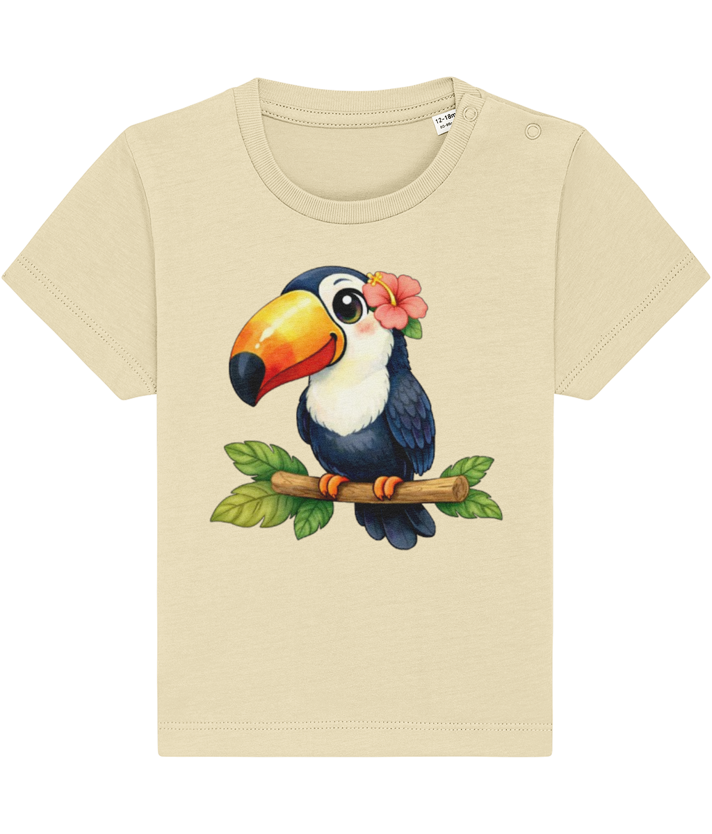 buttery yellow baby t-shirt, cheerful toucan image, tropical flower