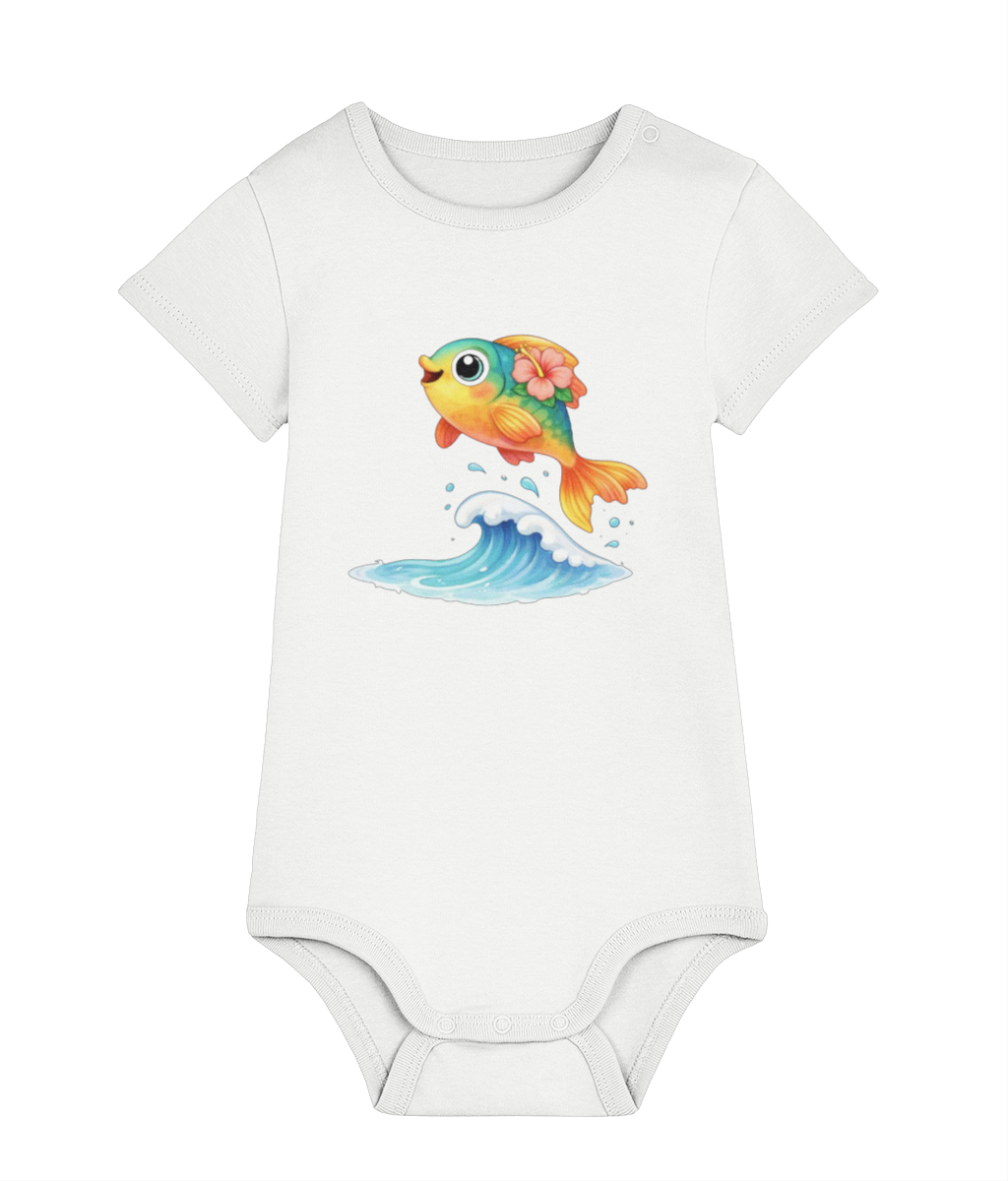 White Tropical Fish baby organic cotton bodysuit by Mama Hawaii.