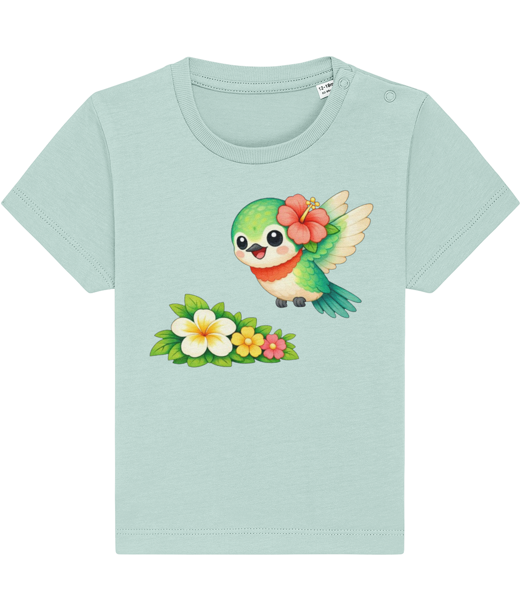 Light blue baby t-shirt, cheerful hummingbird image, tropical flower