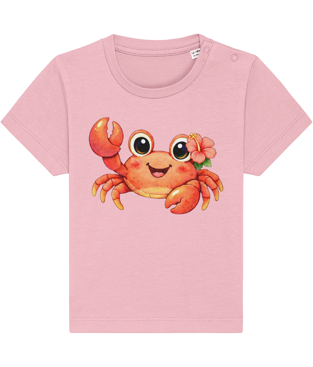 pastel pink baby t-shirt, cheerful crab image, tropical flower