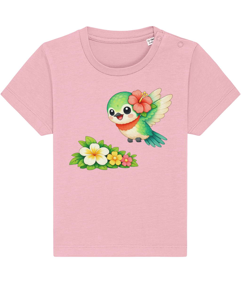 pink baby t-shirt, cheerful hummingbird image, tropical flower