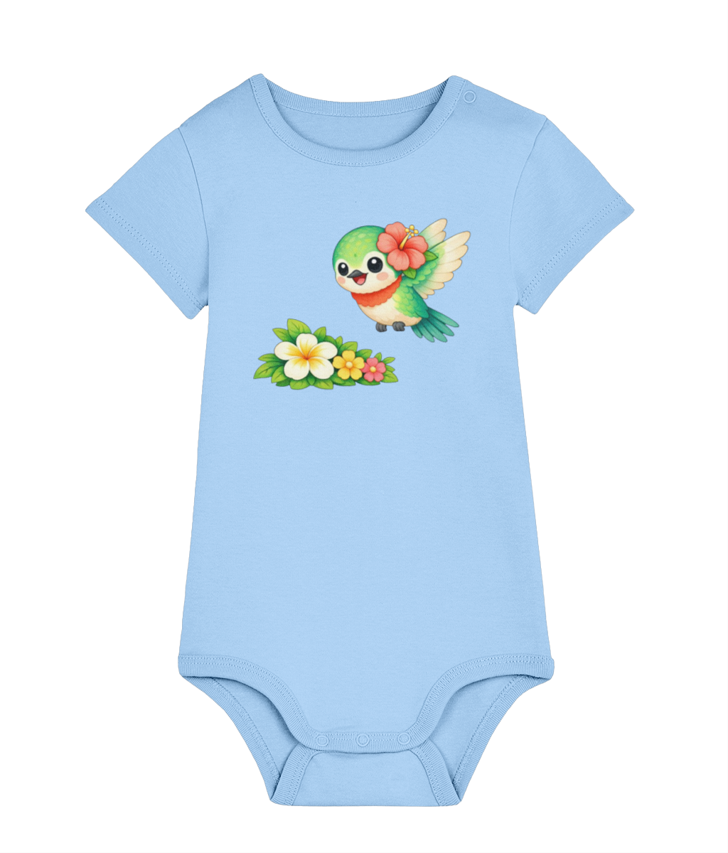 light blue Hummingbird baby organic cotton bodysuit by Mama Hawaii