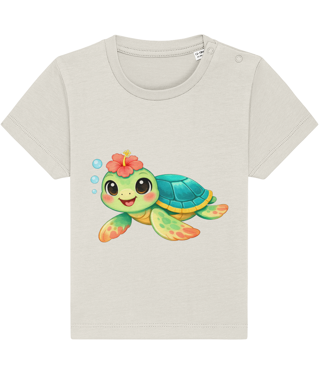 natural coloured baby t-shirt, cheerful turtle image, tropical flower