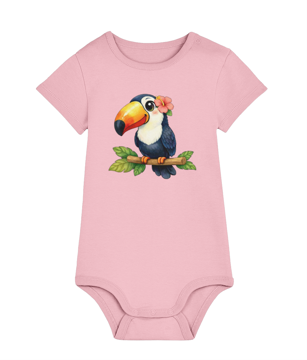 Pale pink tropical Toucan baby organic cotton bodysuit by Mama Hawaii