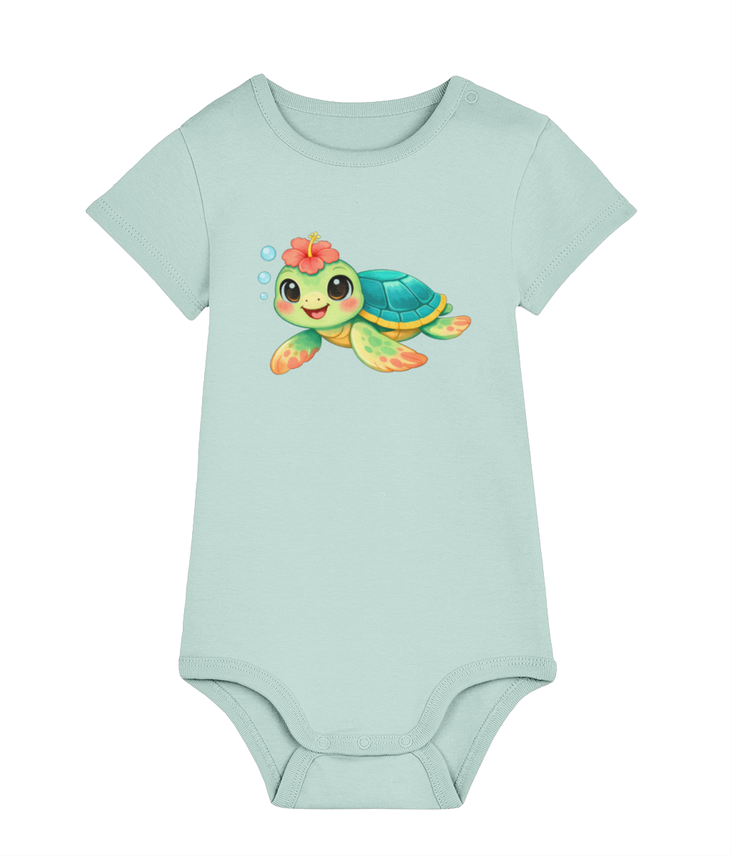 Caribbean blue Happy Turtle baby organic cotton bodysuit by Mama Hawaii