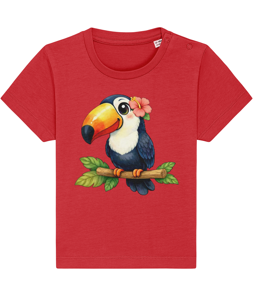 red baby t-shirt, cheerful toucan image, tropical flower