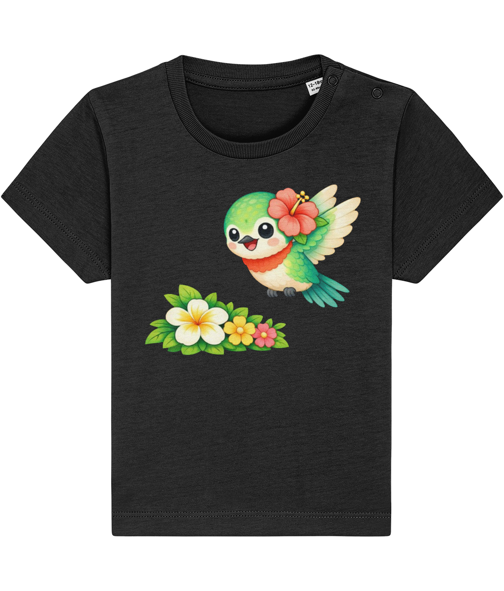 black baby t-shirt, cheerful hummingbird image, tropical flower
