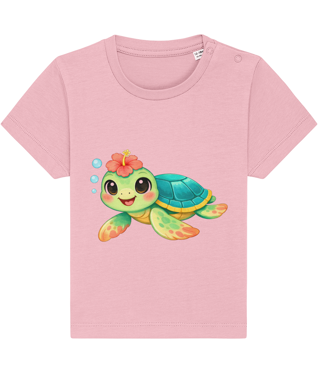 pink baby t-shirt, cheerful turtle image, tropical flower