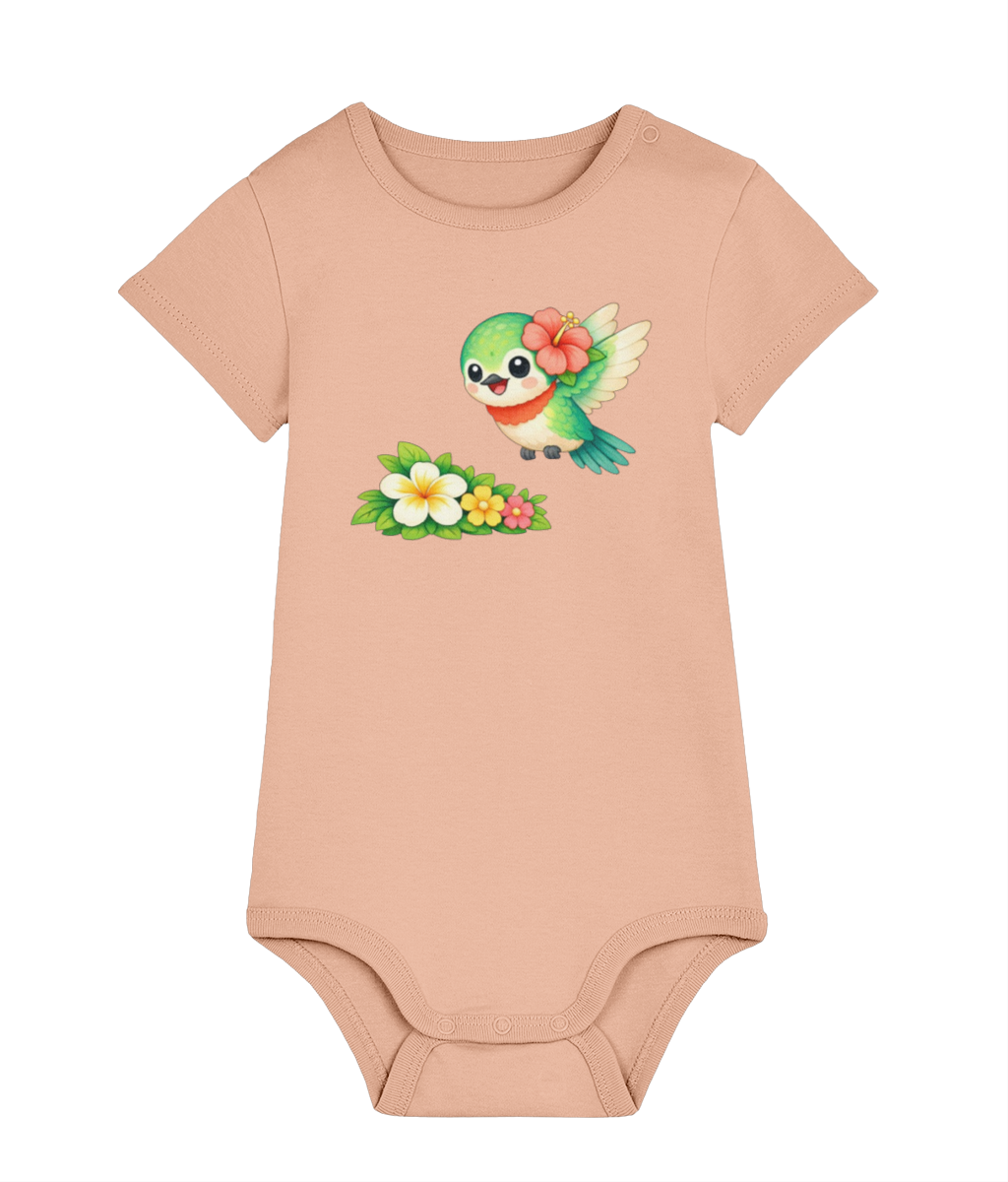 Peach Hummingbird baby organic cotton bodysuit by Mama Hawaii