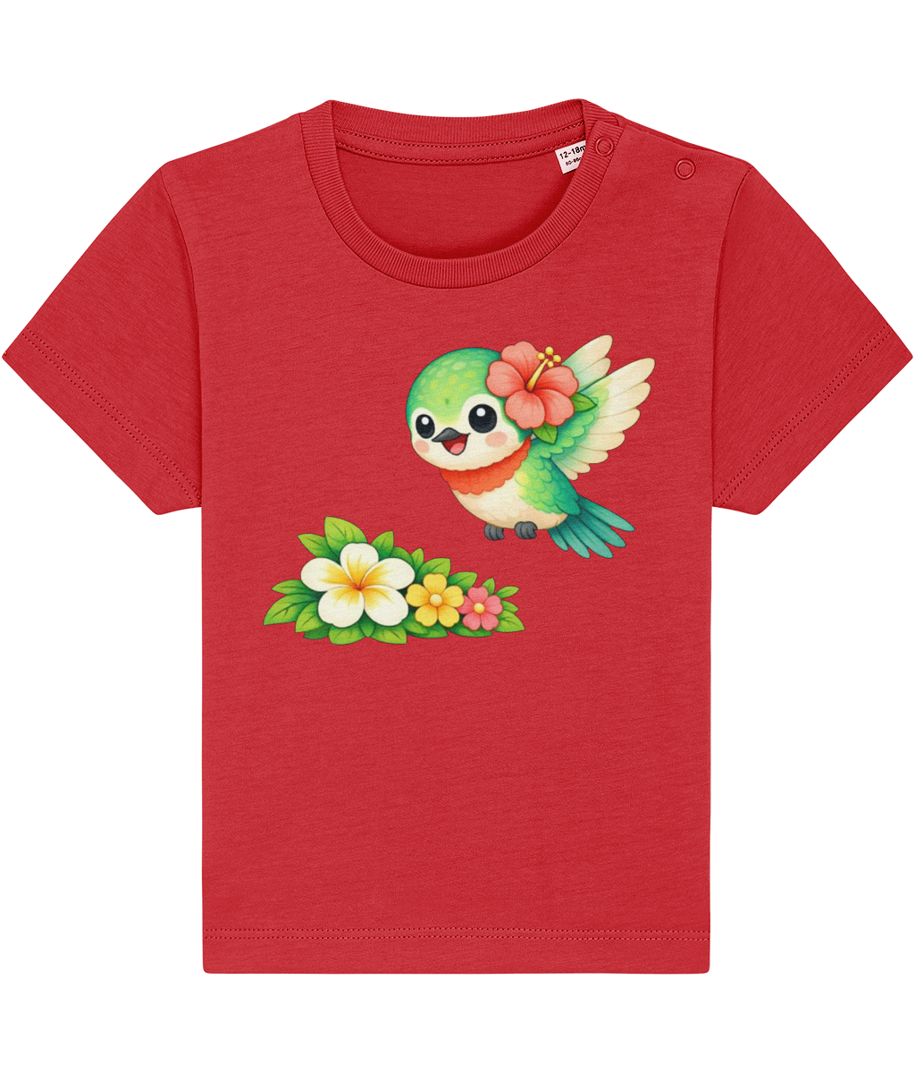 red baby t-shirt, cheerful hummingbird image, tropical flower