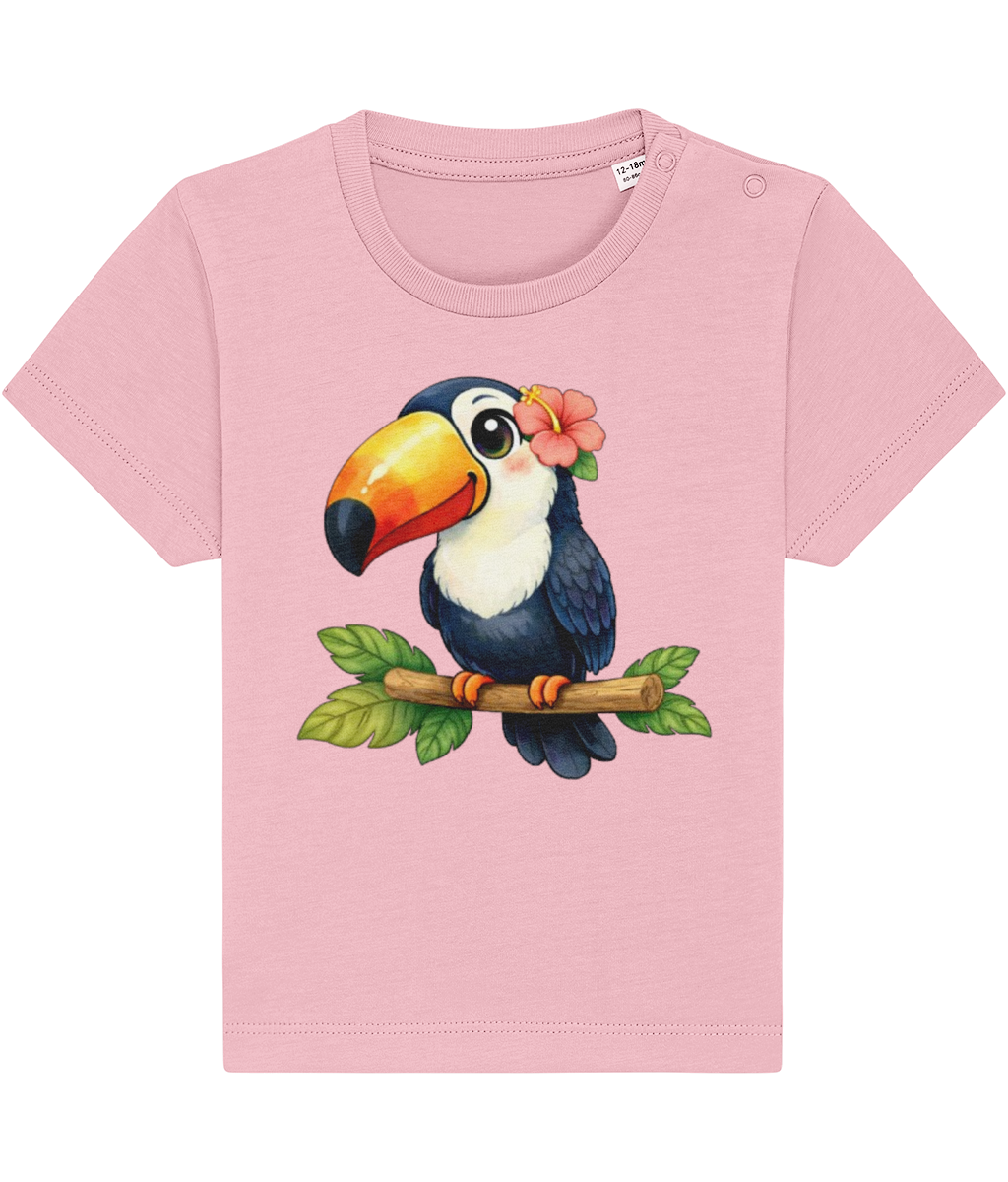 pale pink baby t-shirt, cheerful toucan image, tropical flower