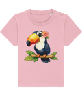 pale pink baby t-shirt, cheerful toucan image, tropical flower