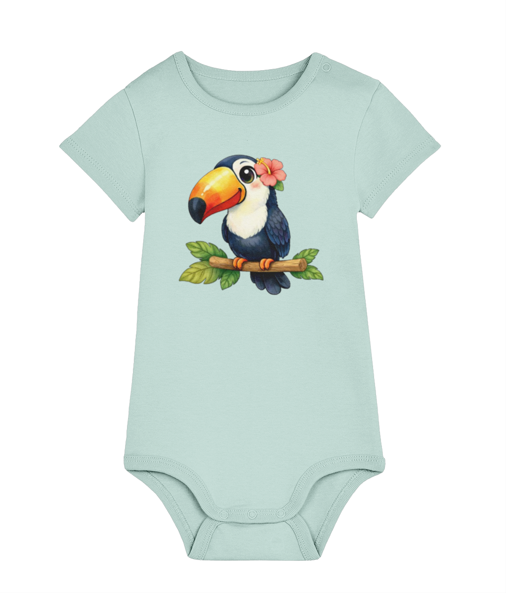 Caribbean blue tropical Toucan baby organic cotton bodysuit by Mama Hawaii