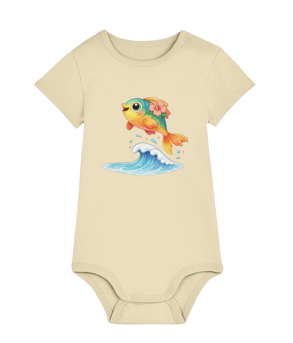 Buttery yellow Tropical Fish baby organic cotton bodysuit by Mama Hawaii