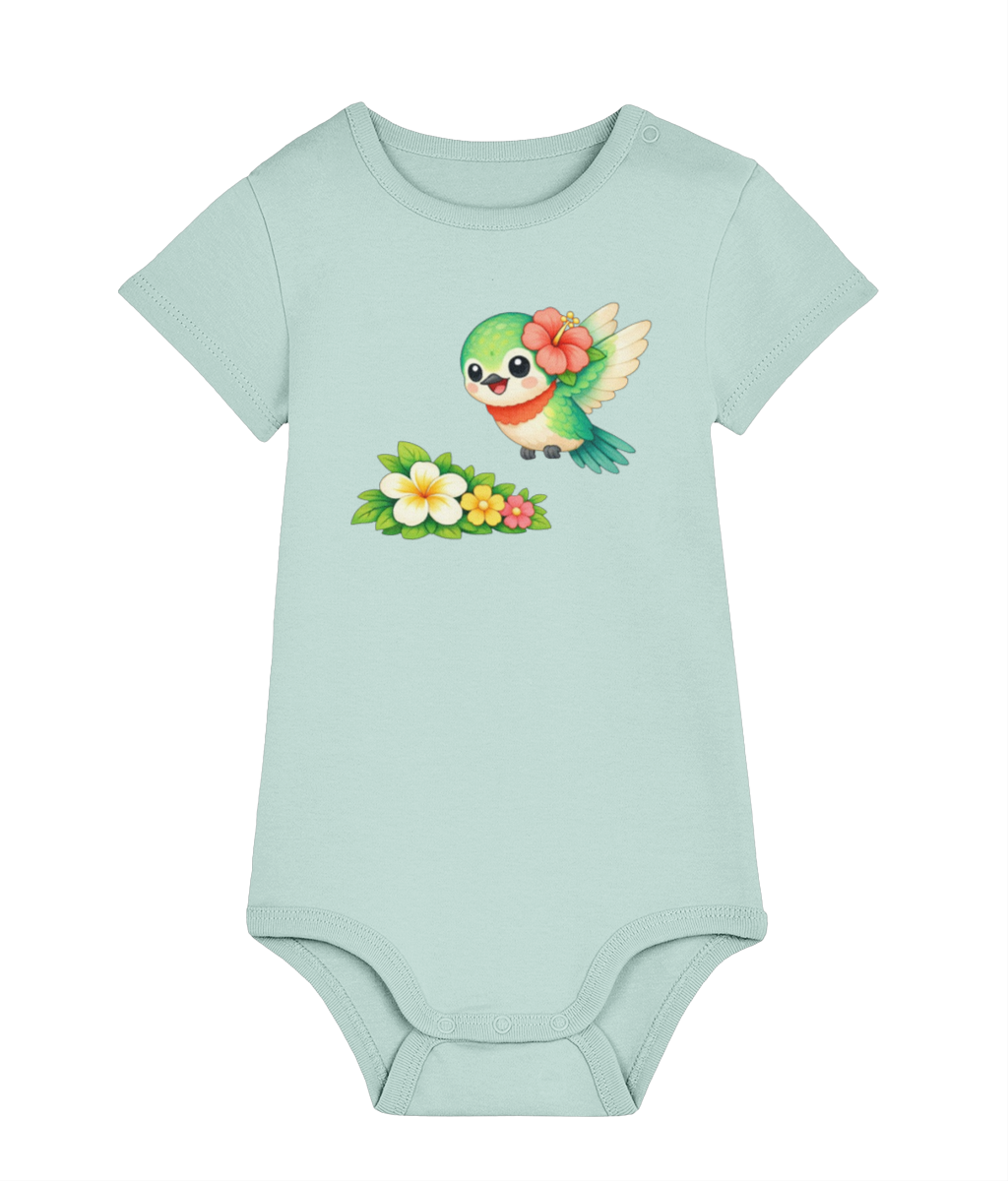 Caribbean blue Hummingbird baby organic cotton bodysuit by Mama Hawaii
