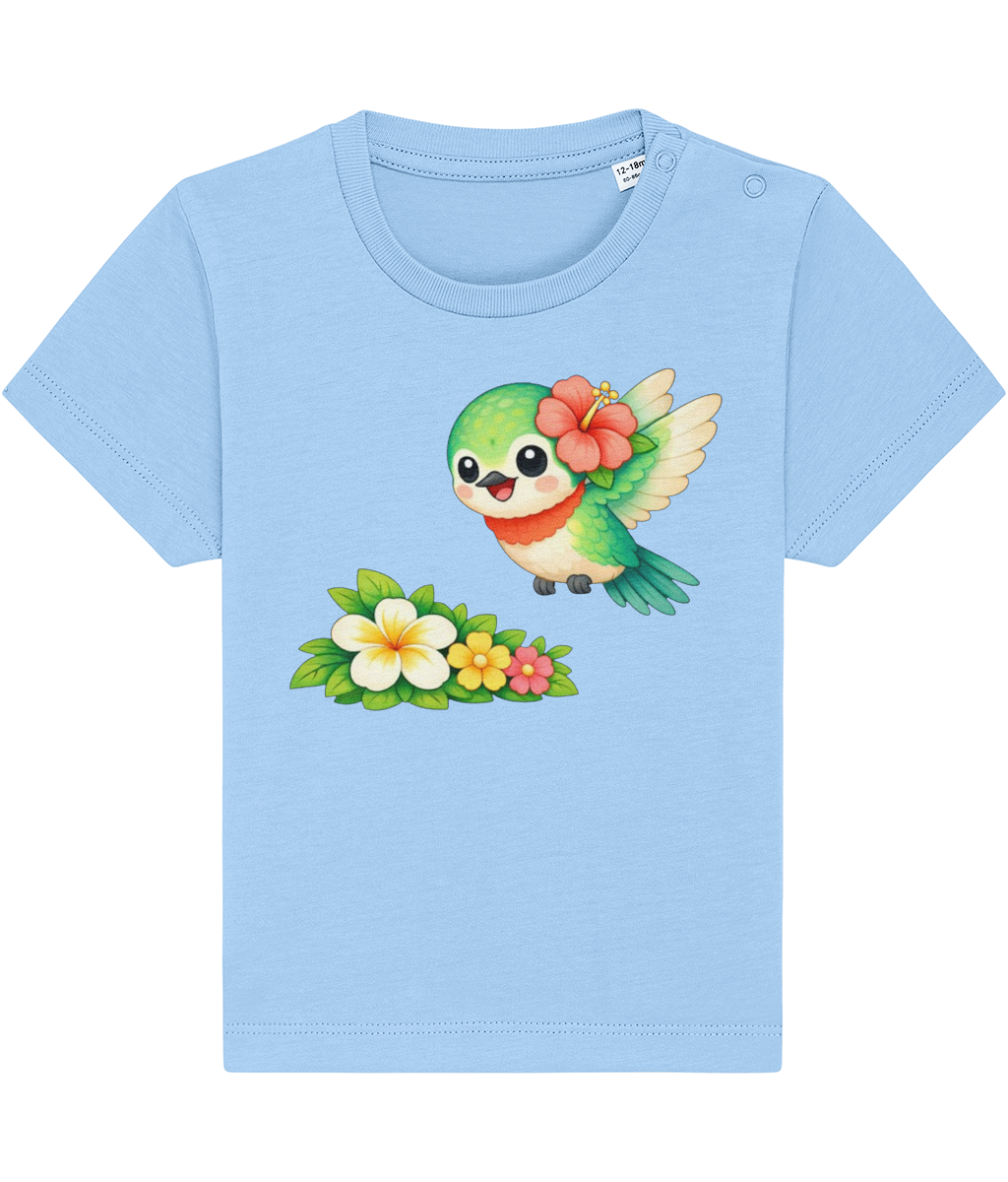 pale blue baby t-shirt, cheerful hummingbird image, tropical flower