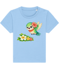 pale blue baby t-shirt, cheerful hummingbird image, tropical flower