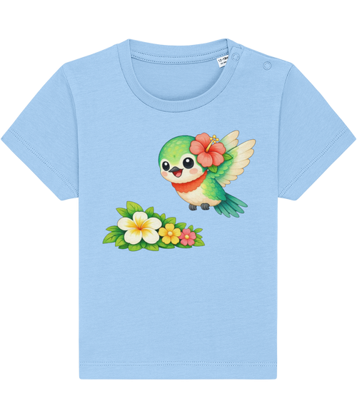 pale blue baby t-shirt, cheerful hummingbird image, tropical flower