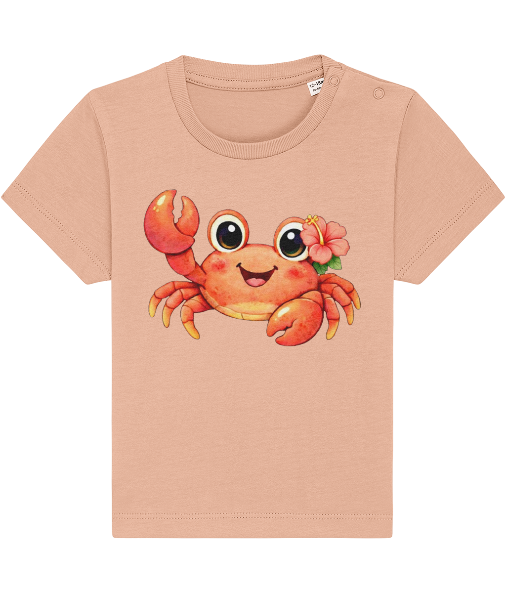 peach baby t-shirt, cheerful crab image, tropical flower