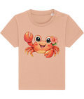 peach baby t-shirt, cheerful crab image, tropical flower