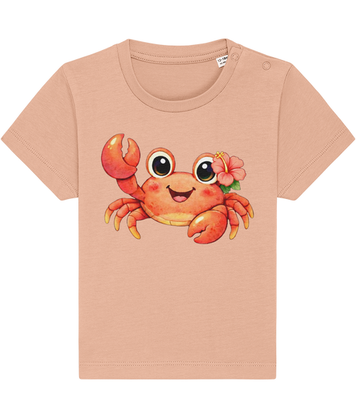 peach baby t-shirt, cheerful crab image, tropical flower
