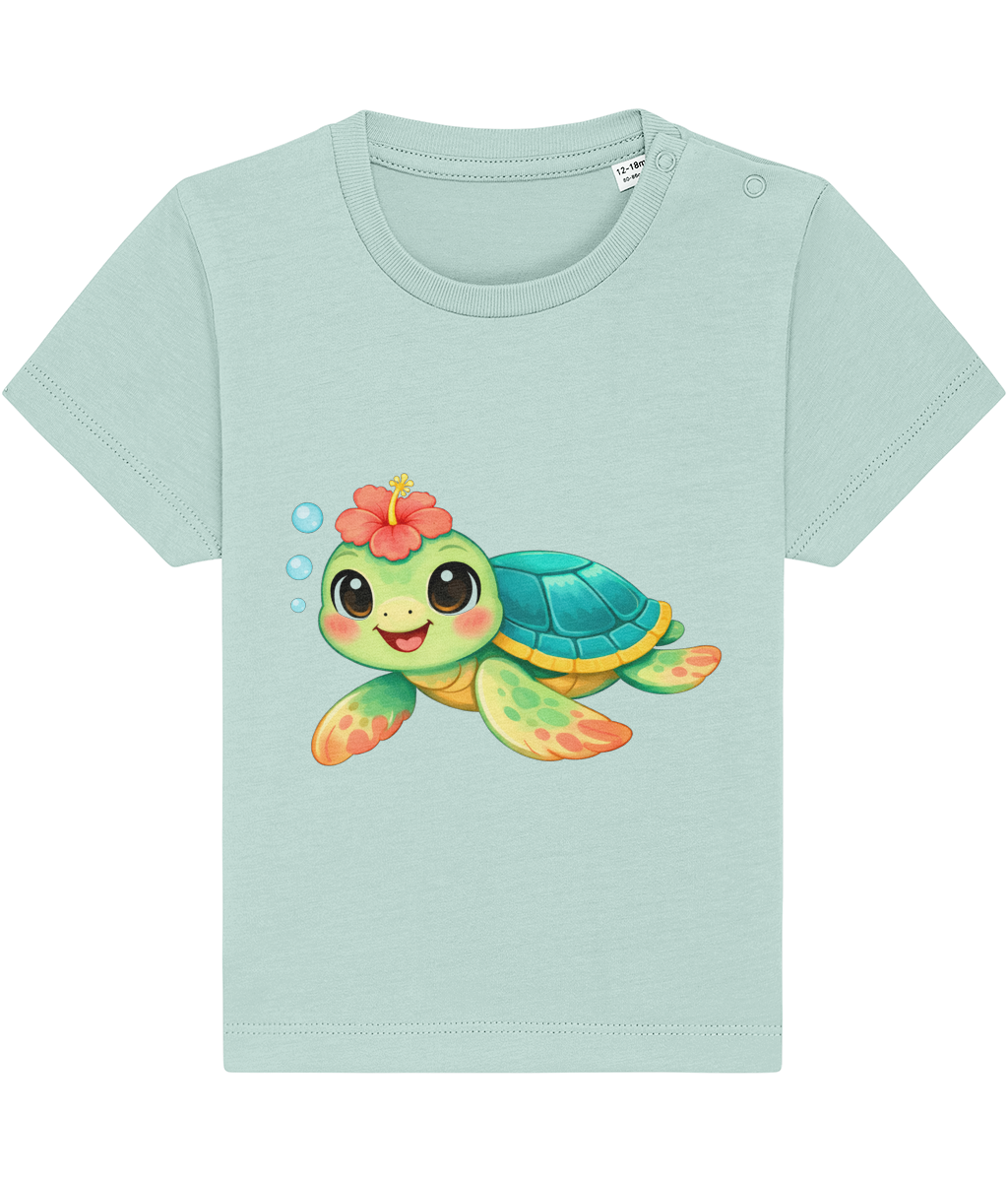 pale blue baby t-shirt, cheerful turtle image, tropical flower