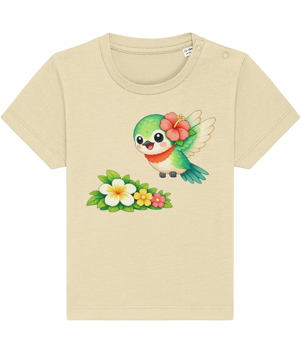 buttery yellow baby t-shirt, cheerful hummingbird image, tropical flower