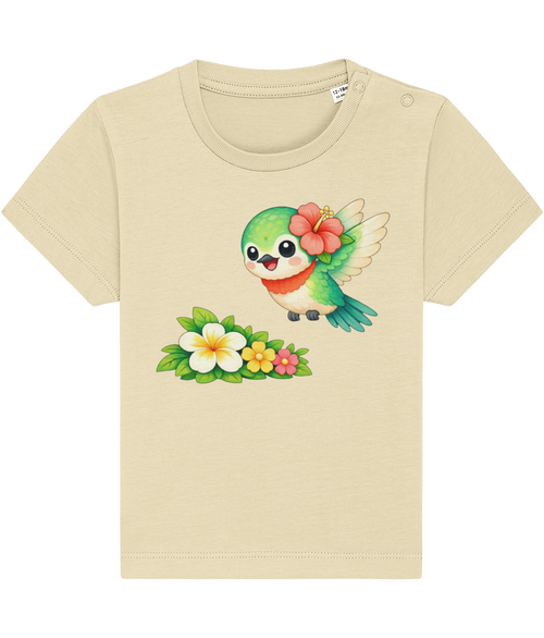 buttery yellow baby t-shirt, cheerful hummingbird image, tropical flower
