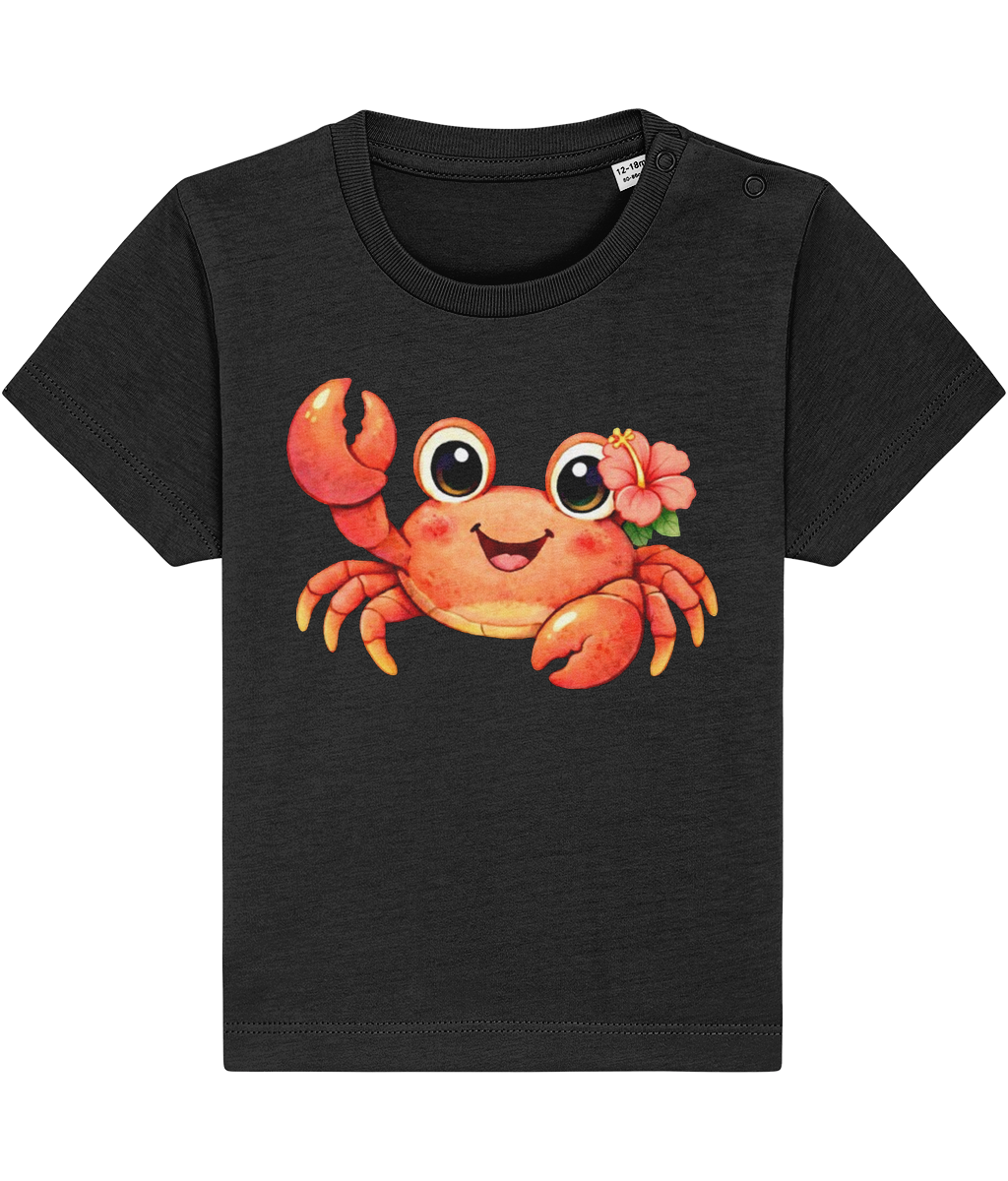 black baby t-shirt, cheerful crab image, tropical flower