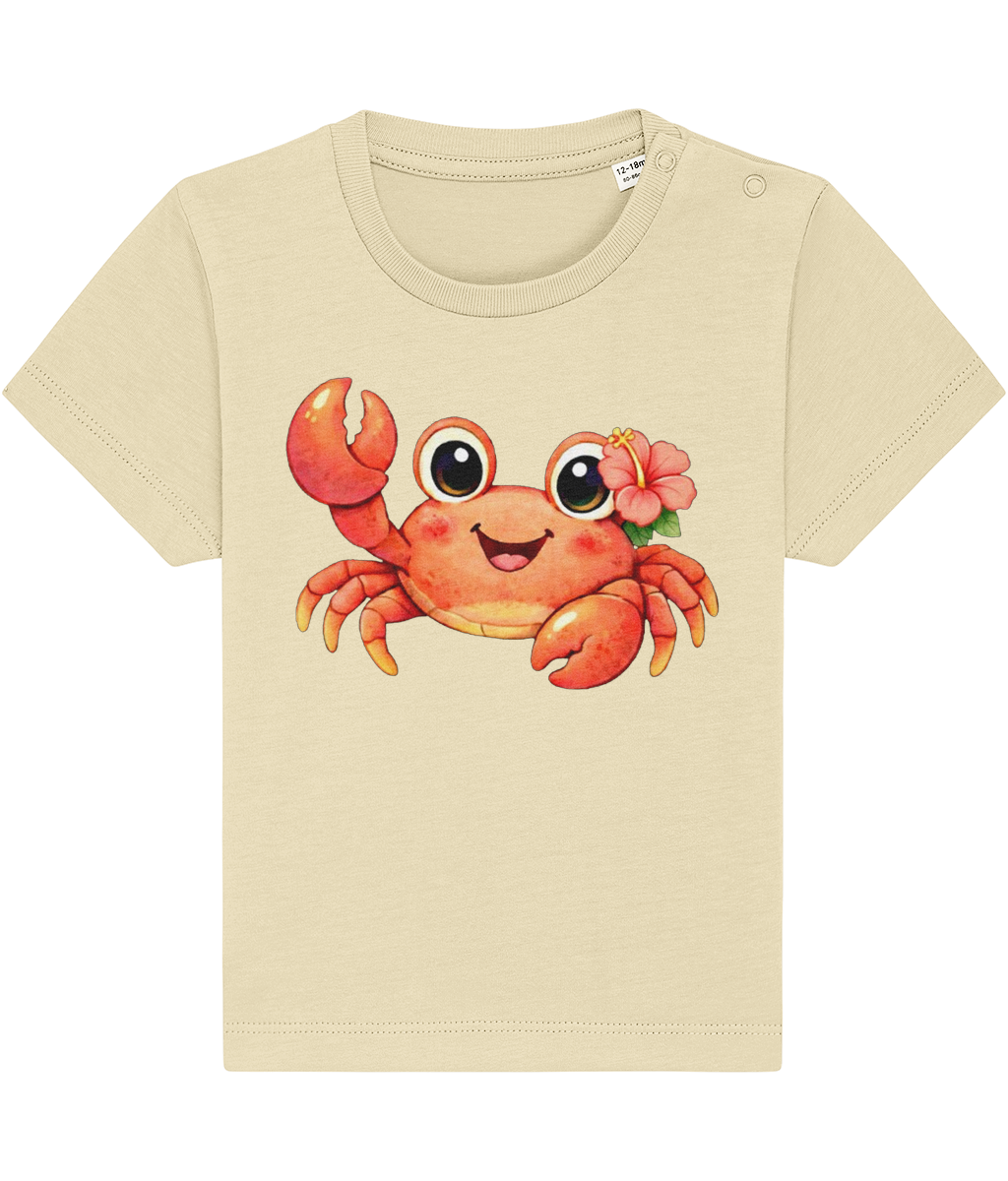 buttery pale lemon baby t-shirt, cheerful crab image, tropical flower