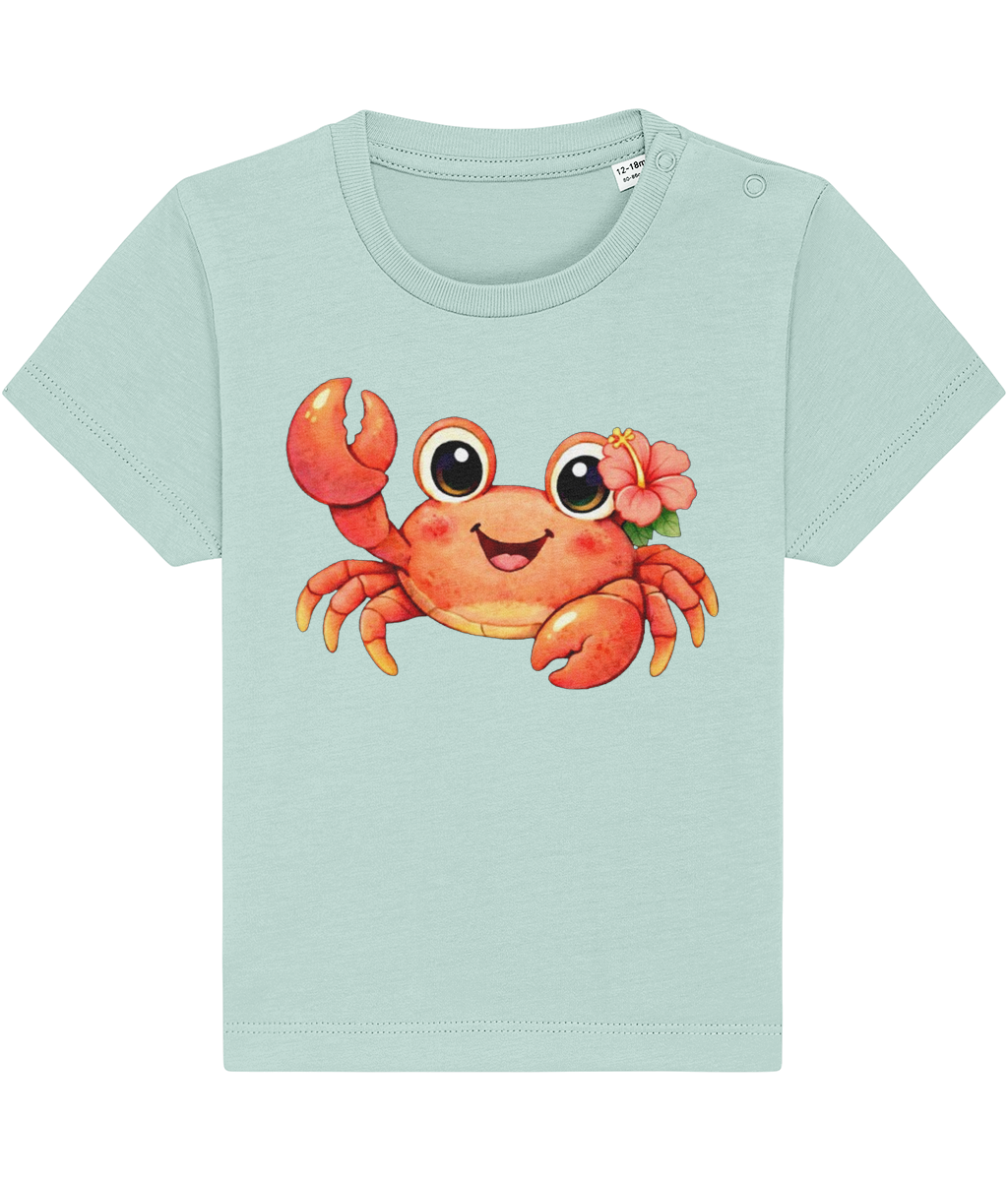 pale blue baby t-shirt, cheerful crab image, tropical flower