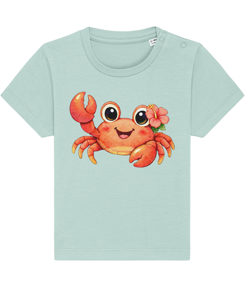 pale blue baby t-shirt, cheerful crab image, tropical flower