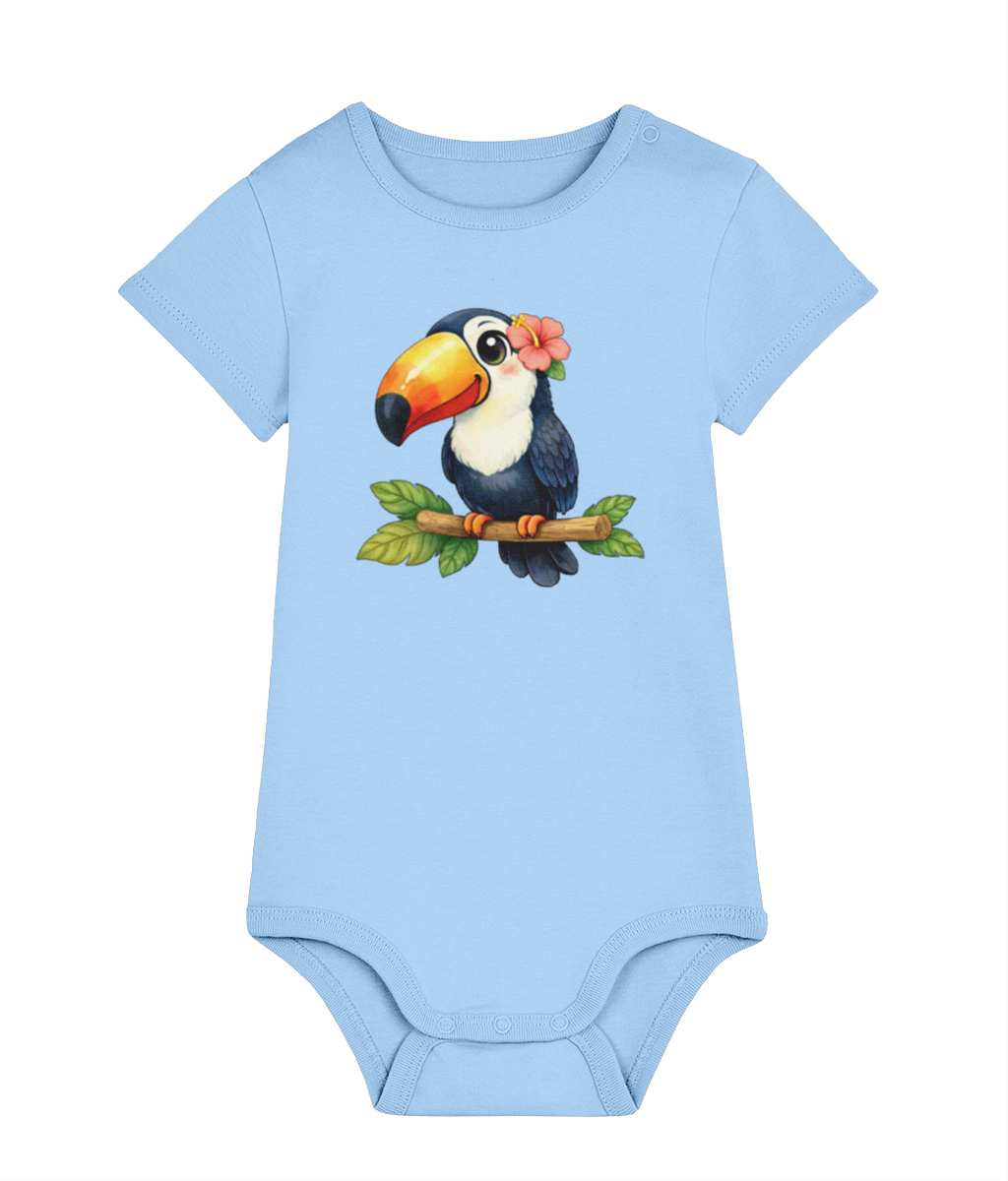 Pale blue tropical Toucan baby organic cotton bodysuit by Mama Hawaii
