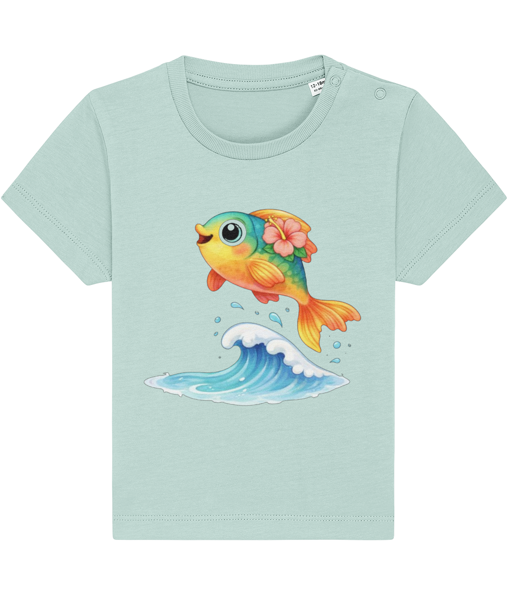 pale blue baby t-shirt, cheerful fish image, tropical flower