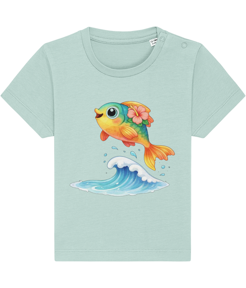 pale blue baby t-shirt, cheerful fish image, tropical flower