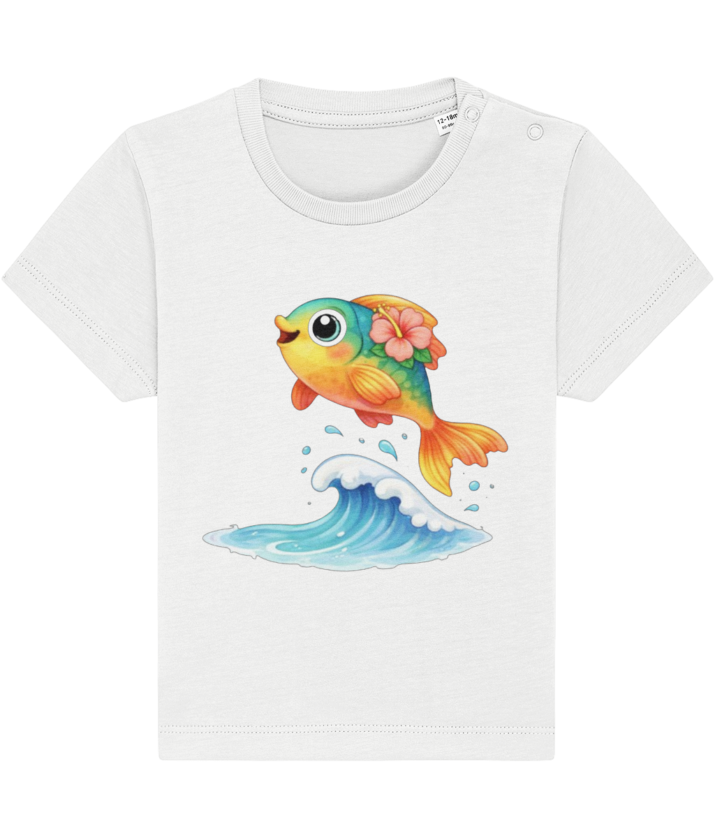 white baby t-shirt, cheerful fish image, tropical flower