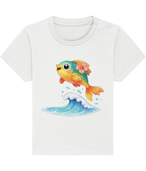 white baby t-shirt, cheerful fish image, tropical flower
