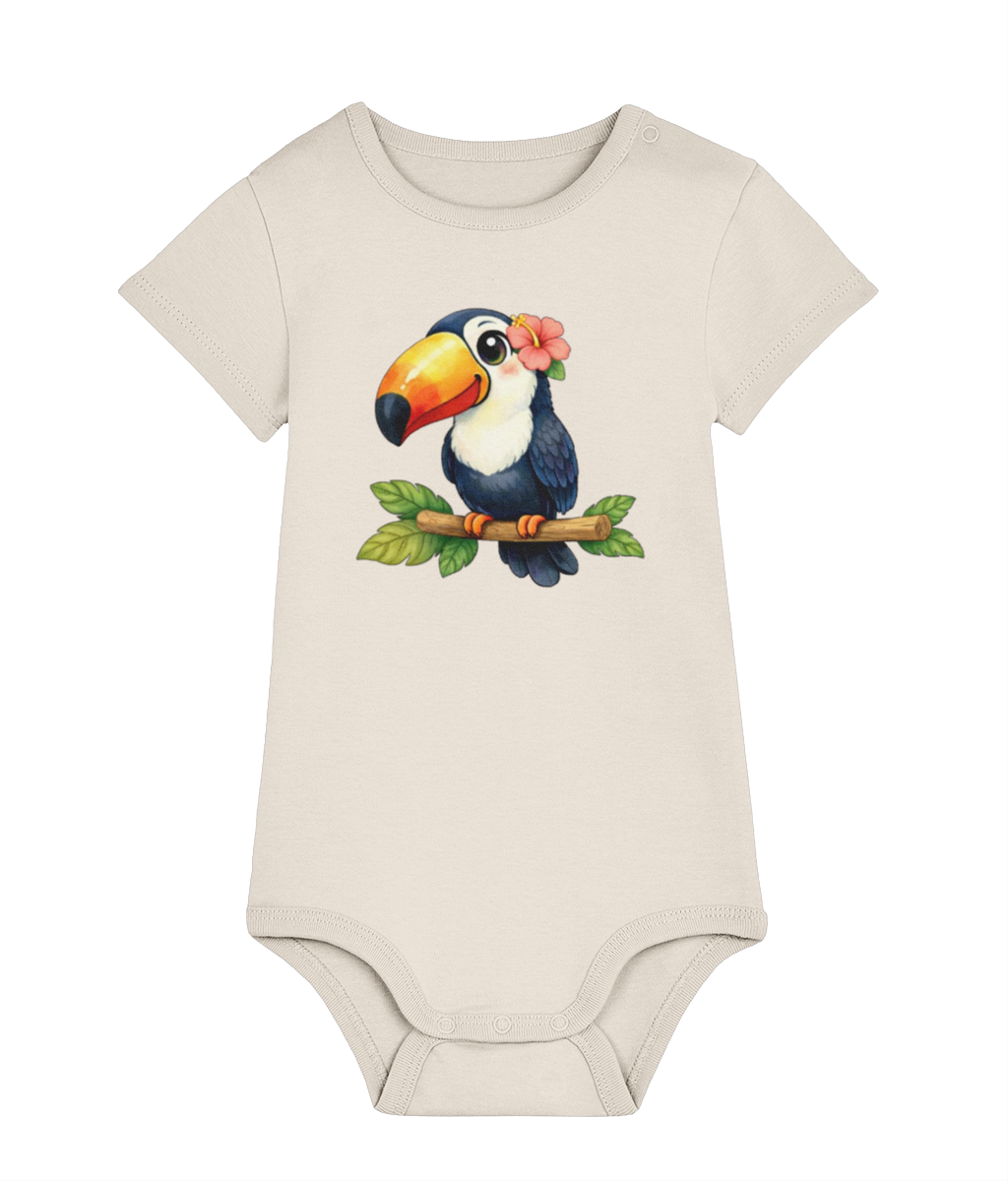 neutral colour tropical Toucan baby organic cotton bodysuit by Mama Hawaii