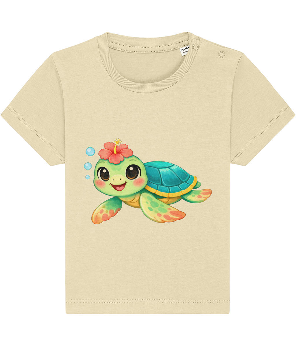 buttery pale yellow baby t-shirt, cheerful turtle image, tropical flower