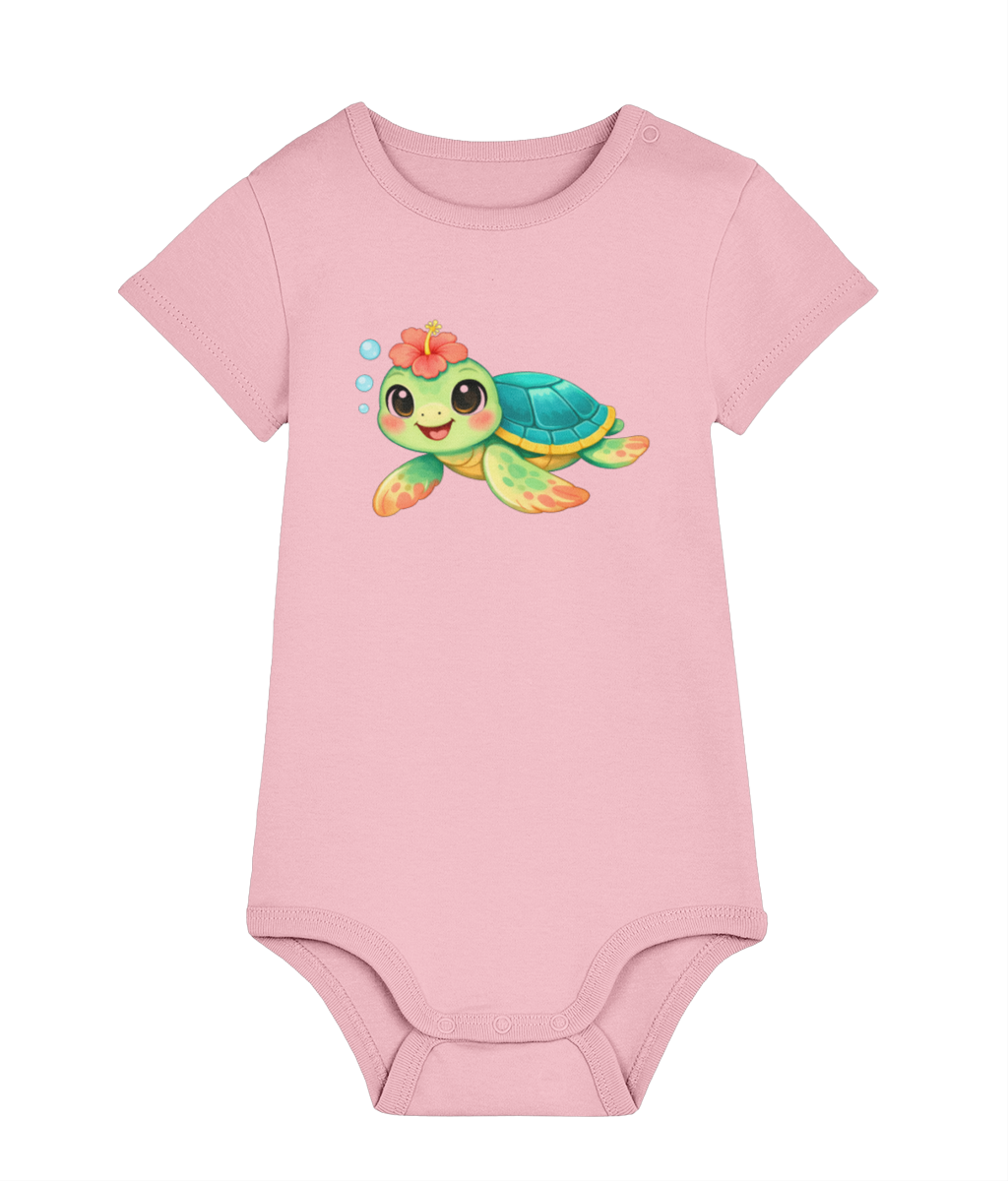 Light pink Happy Turtle baby organic cotton bodysuit by Mama Hawaii