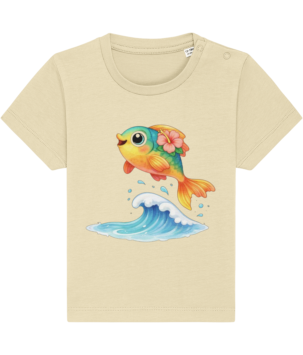 buttery yellow baby t-shirt, cheerful fish image, tropical flower