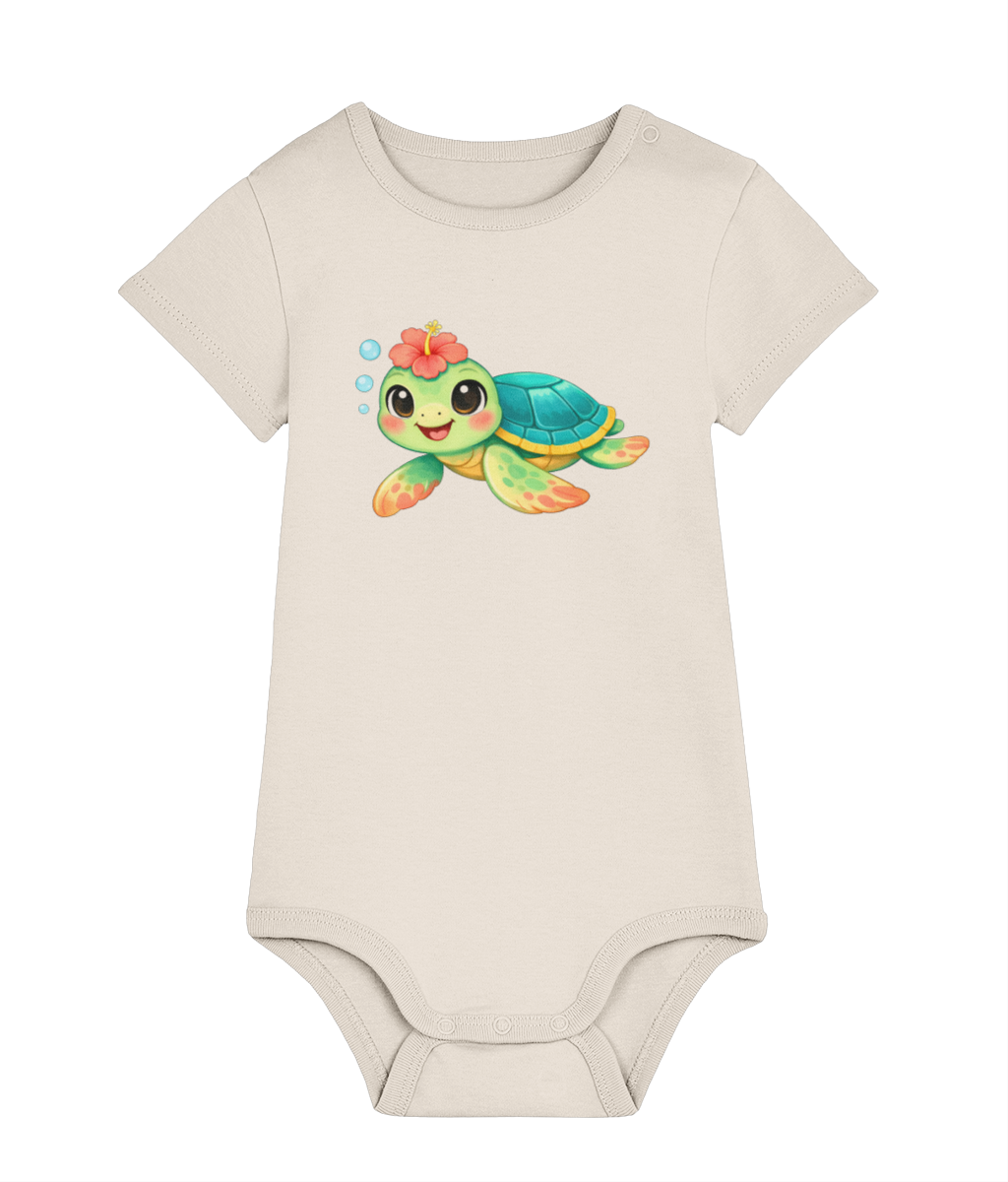 Natural coloured Happy Turtle baby organic cotton bodysuit by Mama Hawaii