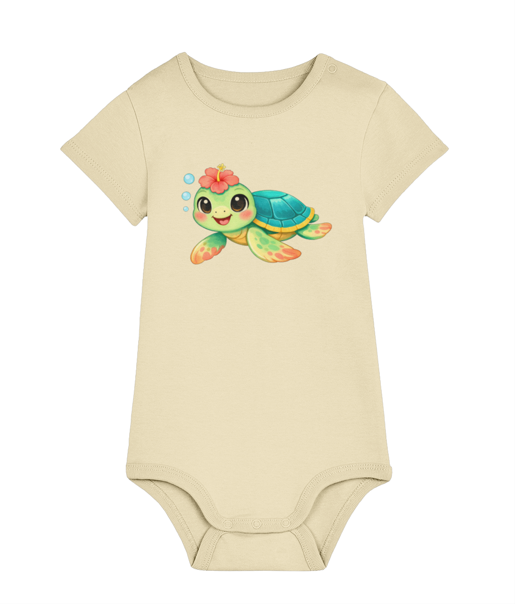 Buttery yello Happy Turtle baby organic cotton bodysuit by Mama Hawaii