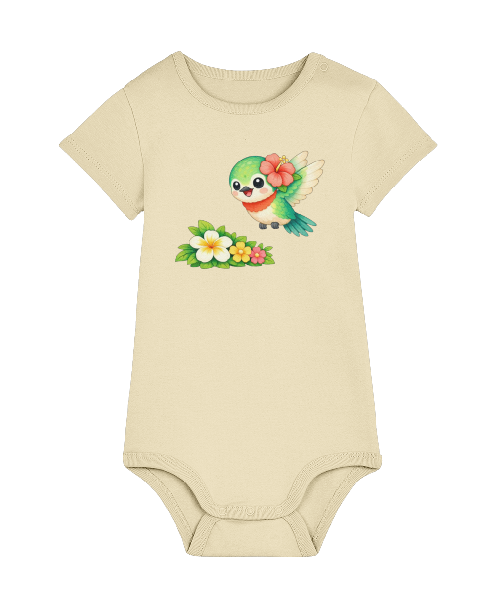 buttery yellow Hummingbird baby organic cotton bodysuit by Mama Hawaii